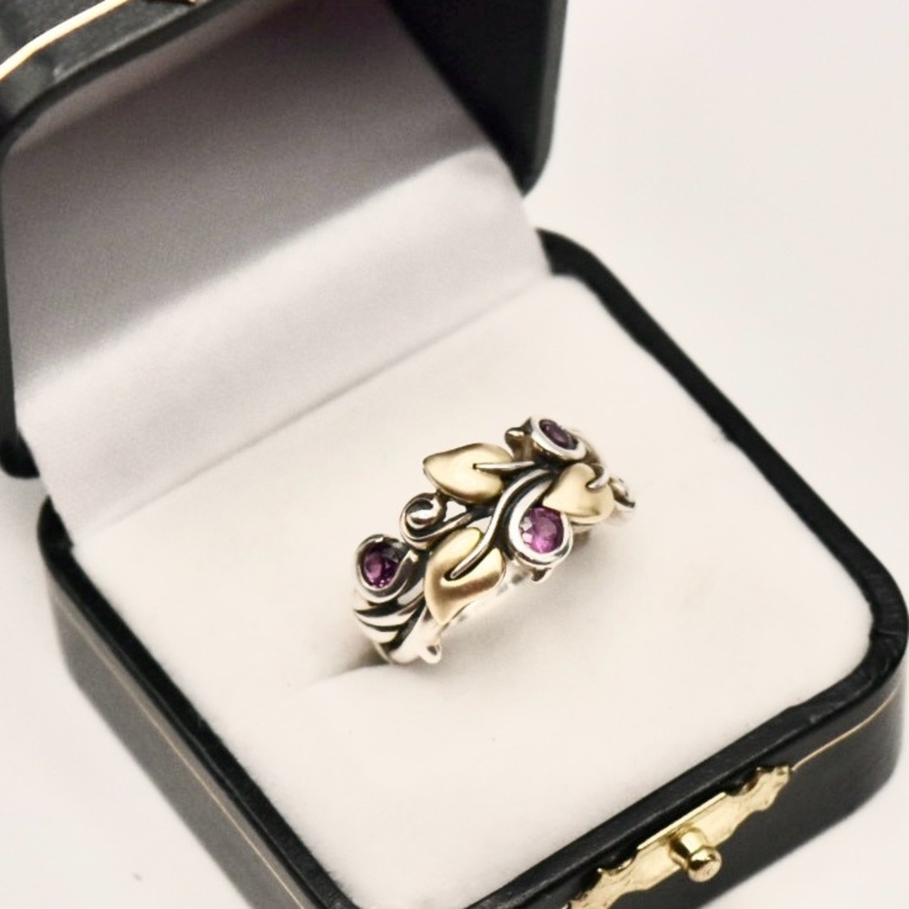 Barbara Bixby Sterling Silver 18k Vine Leaf Rhodolite Garnet Ring Size 7